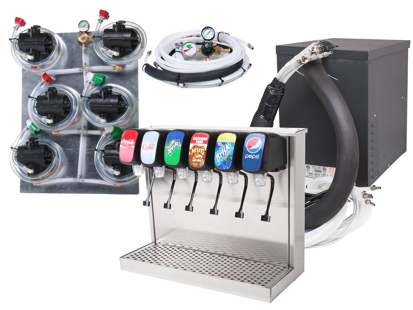 6-Flavor Tower Soda Fountain System with Compact Remote Chiller