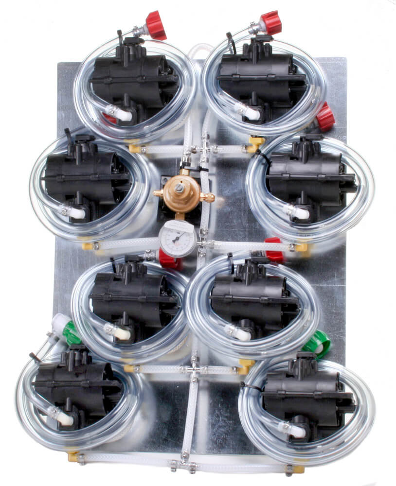 Eight (8) Syrup Pumps with Secondary Regulator