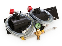 2 SHURflo Syrup Pumps with BIB Hose, BIB Connects and Secondary Regulator Mounted on Bracket
