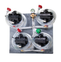 4 SHURflo Syrup Pumps with BIB Hose, BIB Connects and Secondary Regulator Mounted on Panel