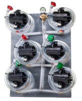 6 SHURflo Syrup Pumps with BIB Hose, BIB Connects and Secondary Regulator Mounted on Panel
