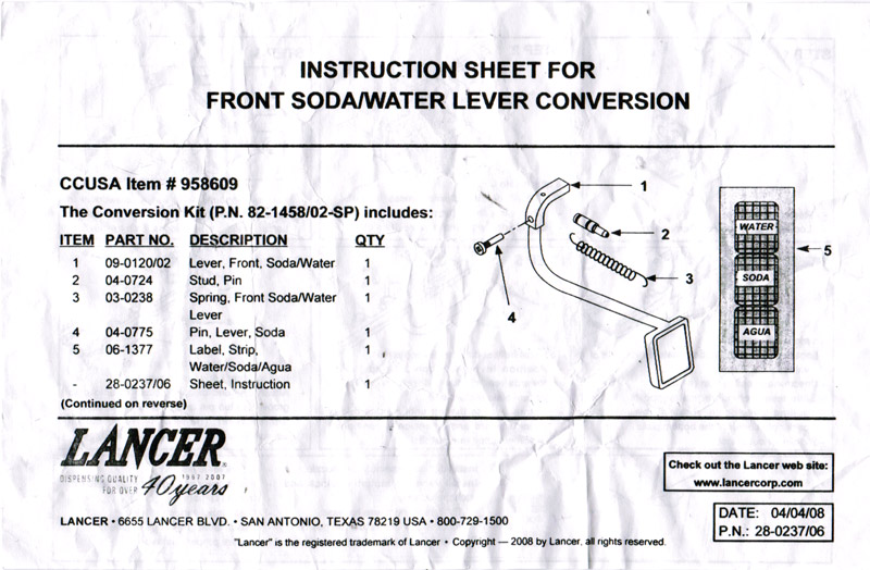 Lancer 100 Valve Secondary Lever Kit Instructions (Side 1)